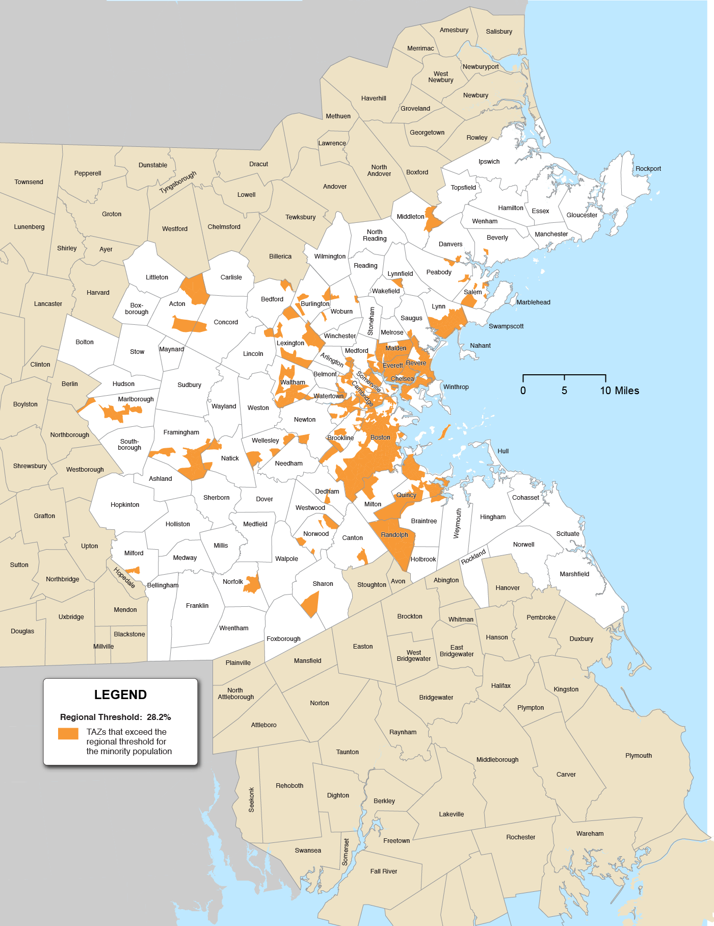 Figure 8-1 is a map of the Boston Region municipalities and the TAZs that exceed the regional threshold for the minority population highlighted in orange. The Regional Threshold is 28.2%.